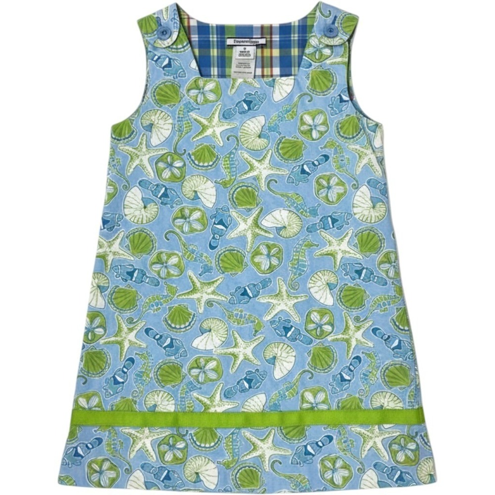 Hartstrings Girls Blue Coastal Starfish Seashell Plaid Lined Cotton Dress Size 4